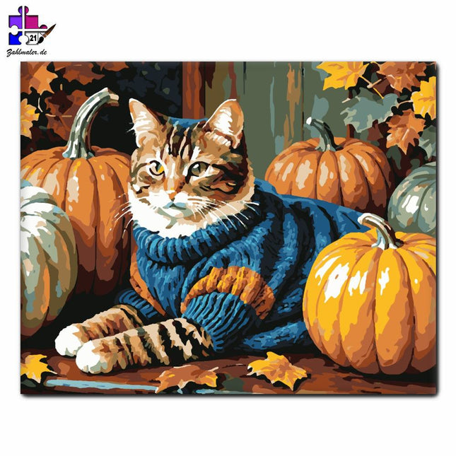 Pullover Katze zwischen Kürbissen | Malen nach Zahlen-Zahlmaler.de