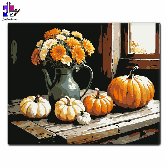 Herbstliche Kürbisse und Blumen auf einem rustikalen Tisch | Malen nach Zahlen-Zahlmaler.de