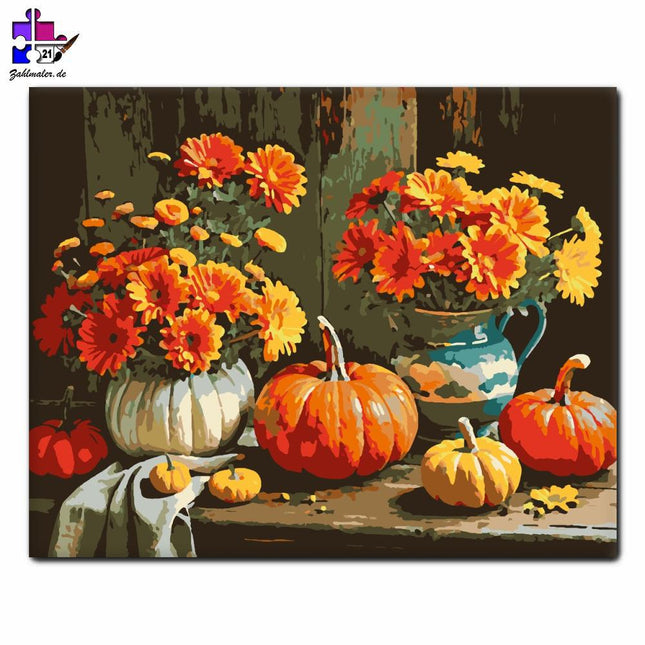 Herbstliche Kürbisse und bunter Blumenstrauß | Malen nach Zahlen-Zahlmaler.de