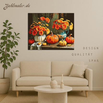 Herbstliche Kürbisse und bunter Blumenstrauß | Malen nach Zahlen-Zahlmaler.de