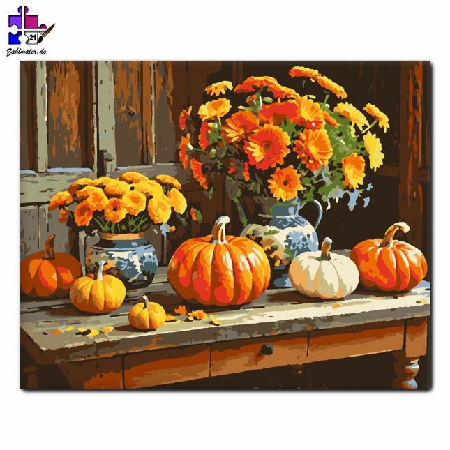 Herbstliches Stillleben mit Blumen und Kürbissen | Malen nach Zahlen-Zahlmaler.de