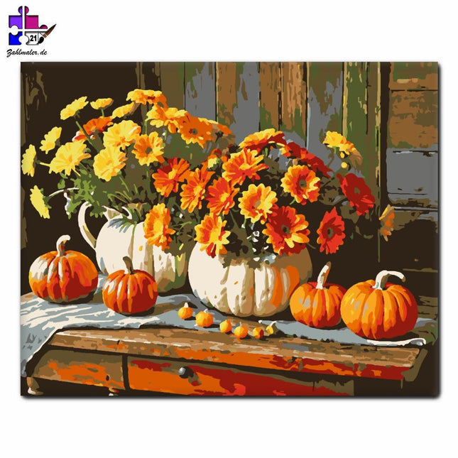 Herbstliches Blumenarrangement mit Kürbissen | Malen nach Zahlen-Zahlmaler.de