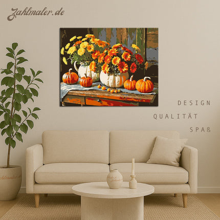Herbstliches Blumenarrangement mit Kürbissen | Malen nach Zahlen-Zahlmaler.de