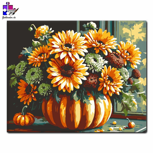 Herbstblumen in der Kürbisvase | Malen nach Zahlen-Zahlmaler.de