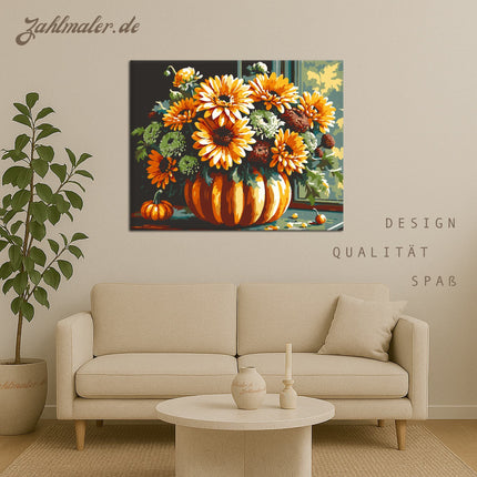 Herbstblumen in der Kürbisvase | Malen nach Zahlen-Zahlmaler.de