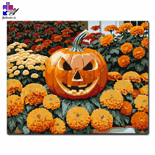 Halloween-Kürbis mit Herbstblumen | Malen nach Zahlen-Zahlmaler.de