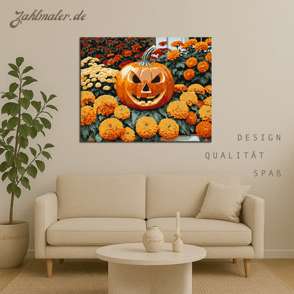 Halloween-Kürbis mit Herbstblumen | Malen nach Zahlen-Zahlmaler.de