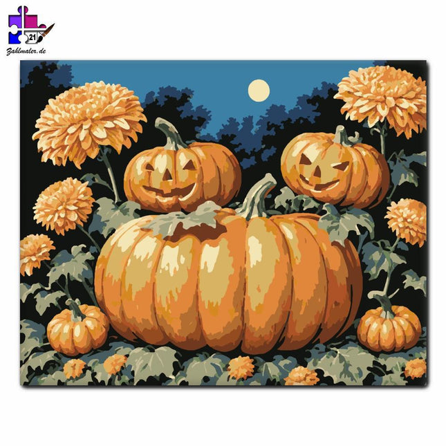 Fröhliche Kürbisse zwischen Chrysanthemen | Malen nach Zahlen-Zahlmaler.de