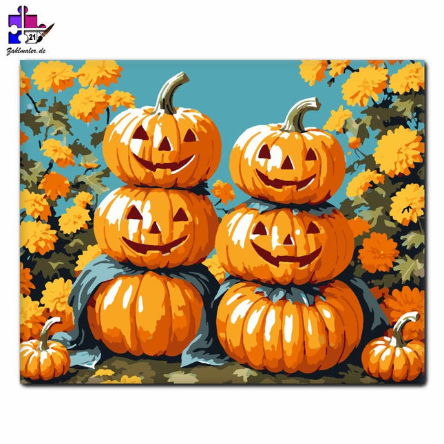 Lächelnde Kürbisse zwischen Blumen | Malen nach Zahlen-Zahlmaler.de