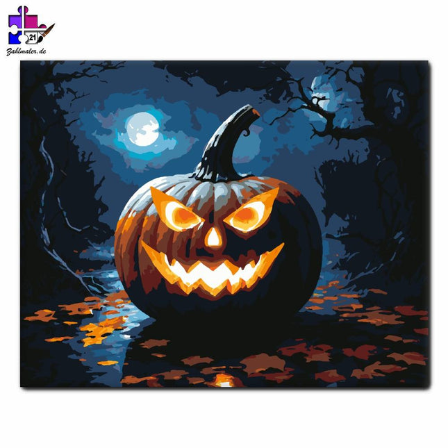 Ein toller geschnitzter Kürbis im nächtlichen Wald | Malen nach Zahlen-Zahlmaler.de