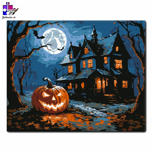 Spukhaus und geschnitzter Kürbis | Malen nach Zahlen-Zahlmaler.de