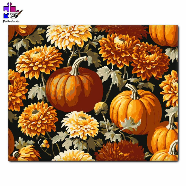 Herbstliche Kürbisse und Chrysanthemen | Malen nach Zahlen-Zahlmaler.de