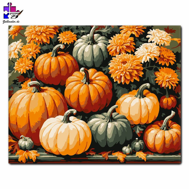 Bunte Herbstkürbisse und Chrysanthemen | Malen nach Zahlen-Zahlmaler.de