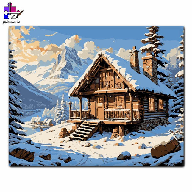 Snowy Mountain Hütte | Malen nach Zahlen-Zahlmaler.de