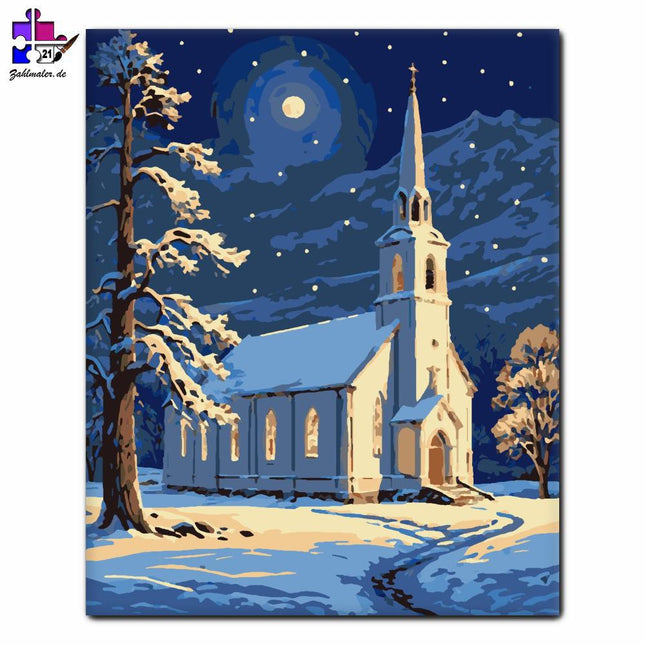 Mondbeschienene Winterkirche | Malen nach Zahlen-Zahlmaler.de