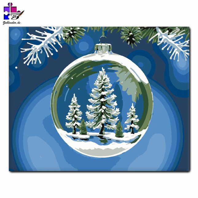Schneebedeckter Wald in einer Glaskugel | Malen nach Zahlen-Zahlmaler.de
