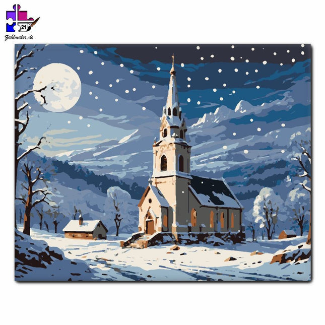 Mondbeschienene Winterkirche | Malen nach Zahlen-Zahlmaler.de