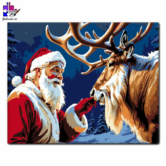 Freundschaft zwischen dem Weihnachtsmann und dem Rentier | Malen nach Zahlen-Zahlmaler.de