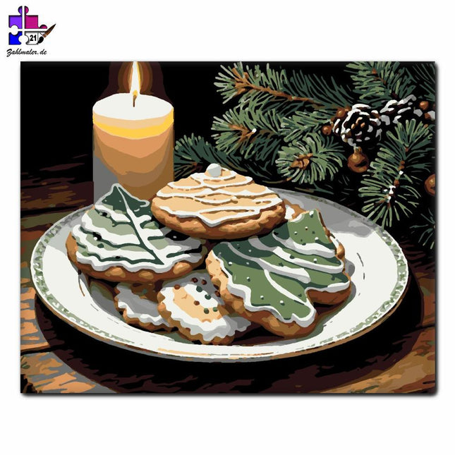 Festliche Süßigkeiten bei Kerzenschein | Malen nach Zahlen-Zahlmaler.de