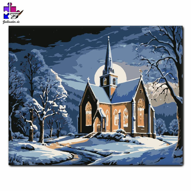 Mondbeschienene Winterkirche | Malen nach Zahlen-Zahlmaler.de
