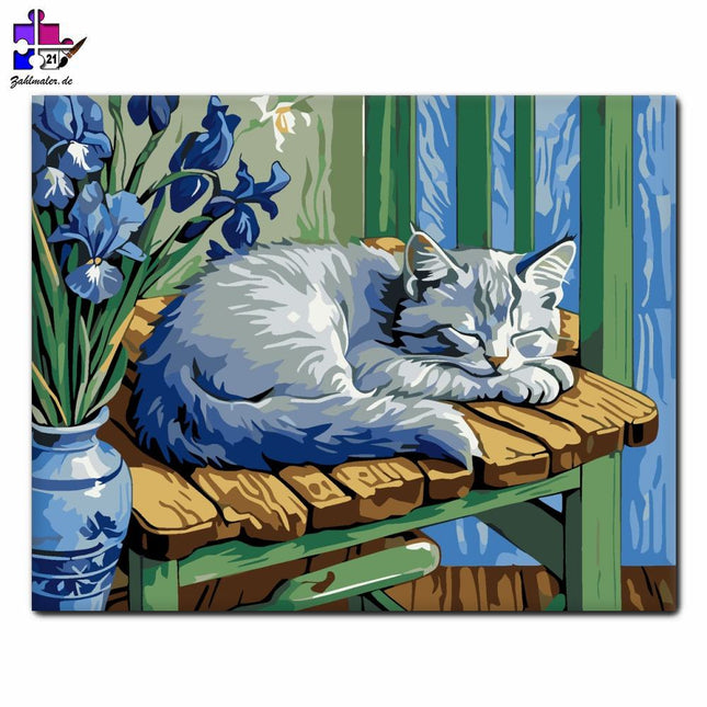 Ruhige Katze und Schwertlilien | Malen nach Zahlen-Zahlmaler.de