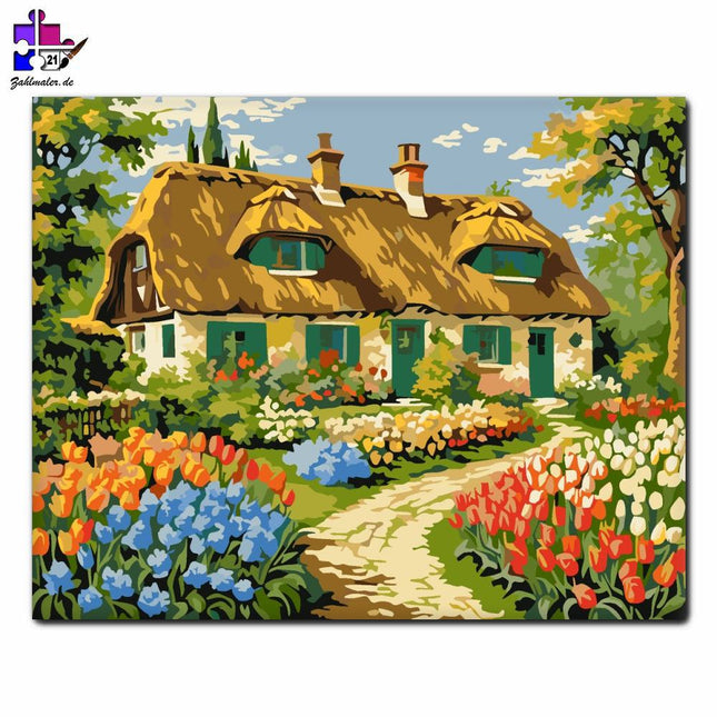 Idylle der blumigen Hütte | Malen nach Zahlen-Zahlmaler.de