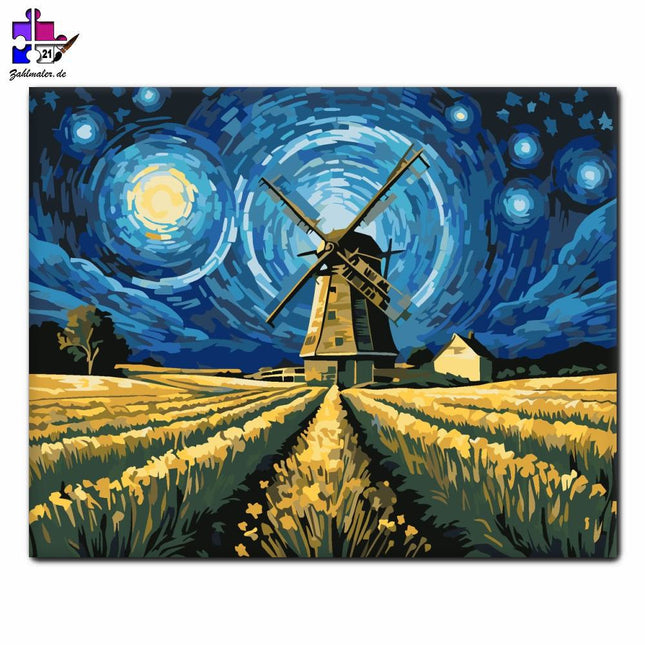 Sternenklare Windmühlennacht | Malen nach Zahlen-Zahlmaler.de
