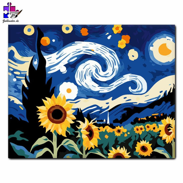 Sternenhafte Sonnenblumen-Nacht | Malen nach Zahlen-Zahlmaler.de