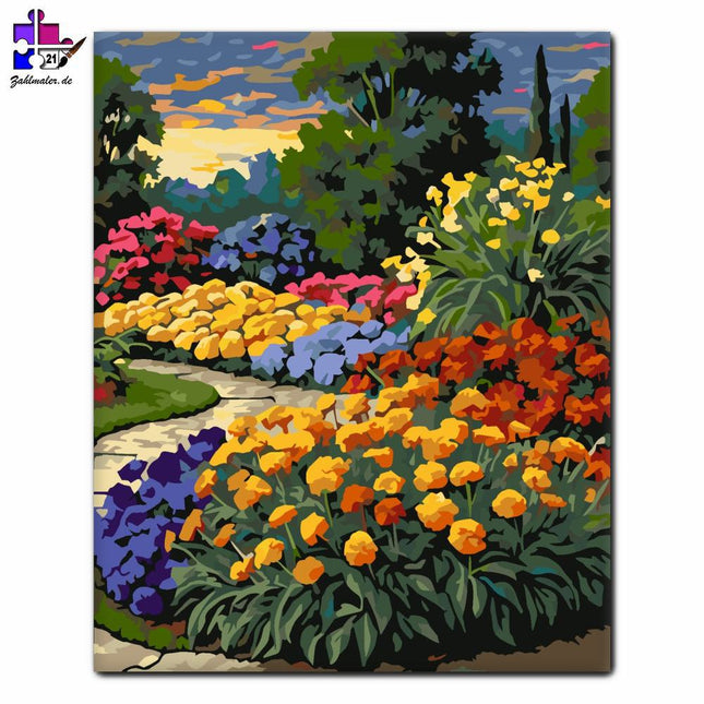 Sonnenuntergang Blumengarten Harmonie | Malen nach Zahlen-Zahlmaler.de