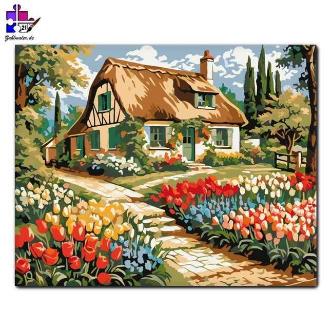 Idylle der blumigen Hütte | Malen nach Zahlen-Zahlmaler.de