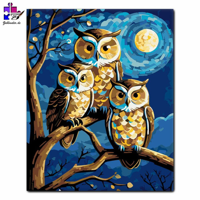 Harmonie der mondbeschienenen Eulen | Malen nach Zahlen-Zahlmaler.de