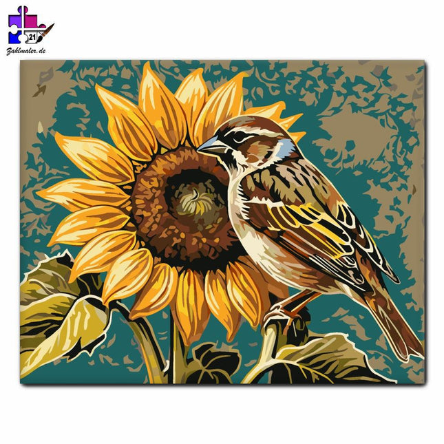 Harmonie von Sonnenblume und Spatz | Malen nach Zahlen-Zahlmaler.de