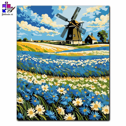 Windmühle Blumenfeld Traum | Malen nach Zahlen-Zahlmaler.de