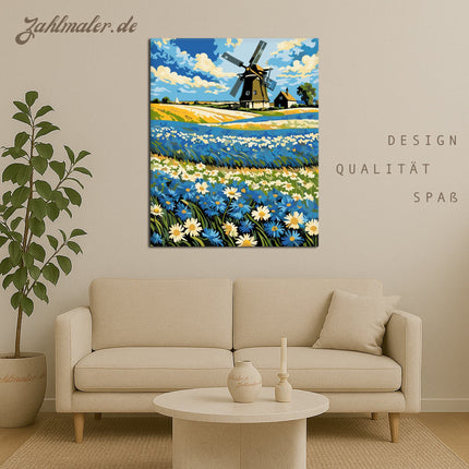 Windmühle Blumenfeld Traum | Malen nach Zahlen-Zahlmaler.de