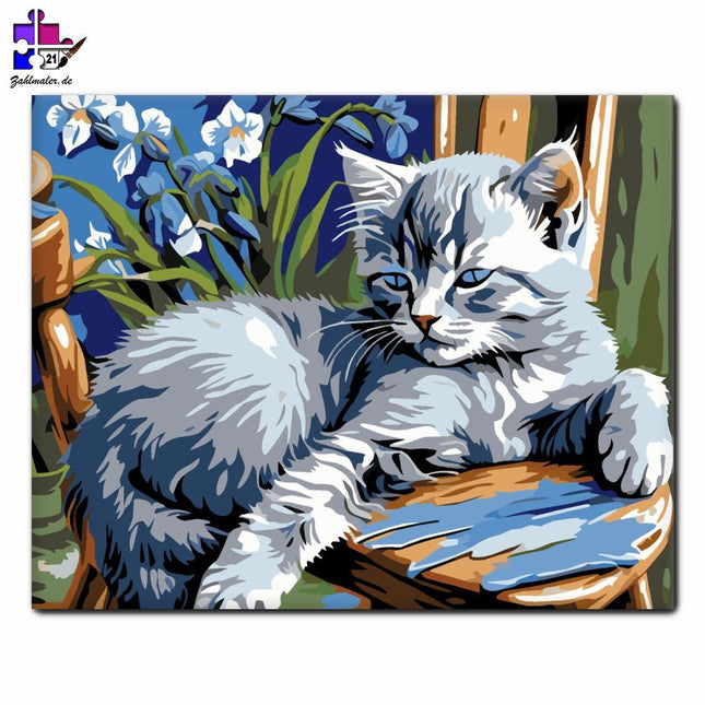 Harmonie zwischen Katze und Iris | Malen nach Zahlen-Zahlmaler.de