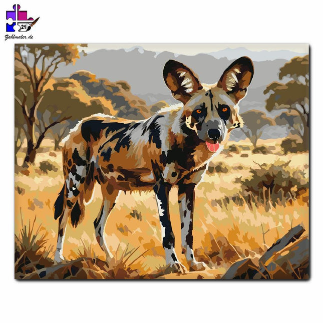 Afrikanischer Wildhund in der Savanne | Malen nach Zahlen-Zahlmaler.de