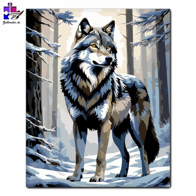 Wolf im verschneiten Wald | Malen nach Zahlen-Zahlmaler.de