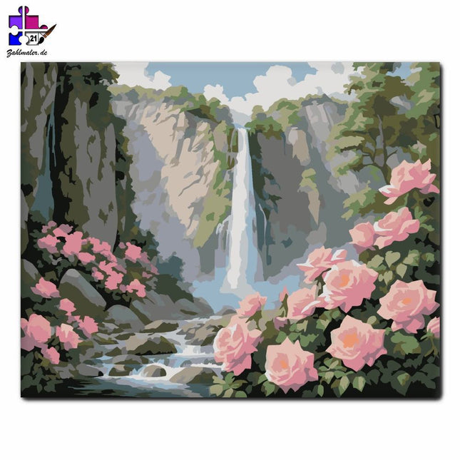 Stürzender Wasserfall und Rosengarten | Malen nach Zahlen-Zahlmaler.de