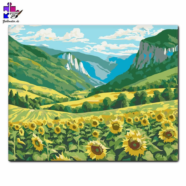 Goldenes Sonnenblumenfeld und Grüne Berge | Malen nach Zahlen-Zahlmaler.de