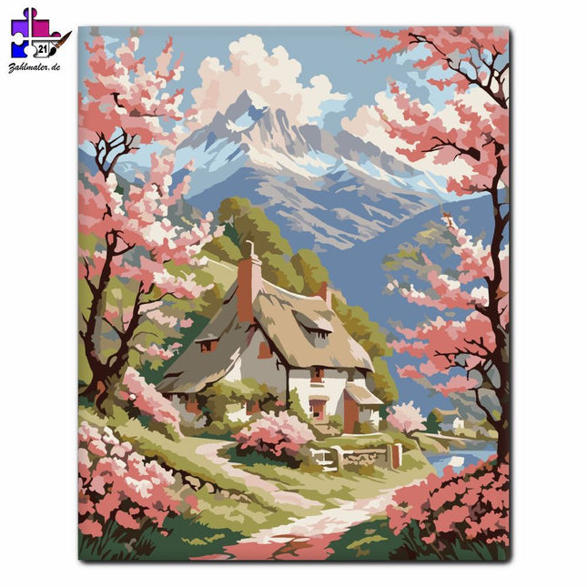 Kirschblütental und Berghütte | Malen nach Zahlen-Zahlmaler.de