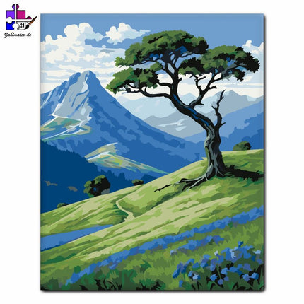Einsamer Baum und Blaues Wildblumental | Malen nach Zahlen-Zahlmaler.de