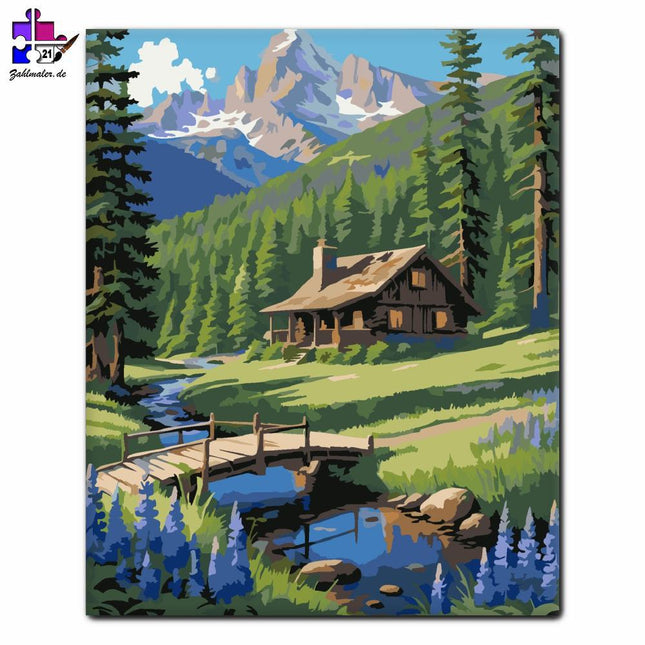 Berghütte und lila Lupinen | Malen nach Zahlen-Zahlmaler.de