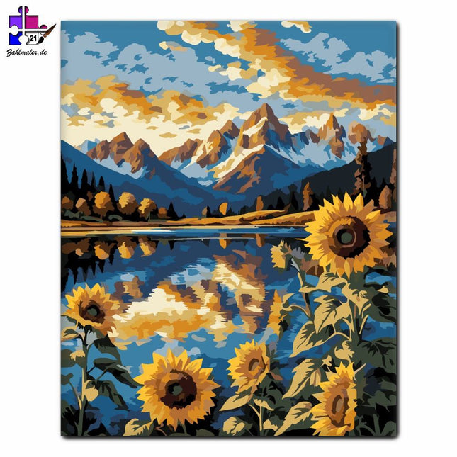 Sonnenblumenfeld und schneebedeckte Berge | Malen nach Zahlen-Zahlmaler.de
