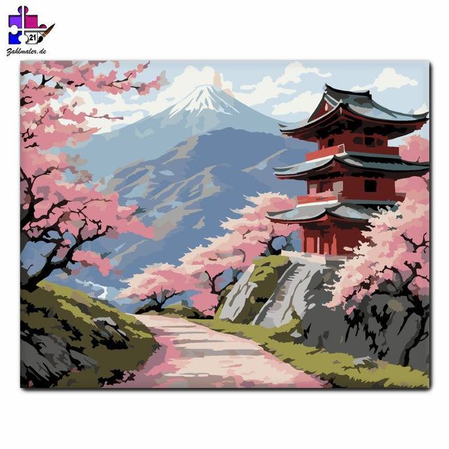 Kirschblüten und antiker Tempel auf dem Bergpfad | Malen nach Zahlen-Zahlmaler.de