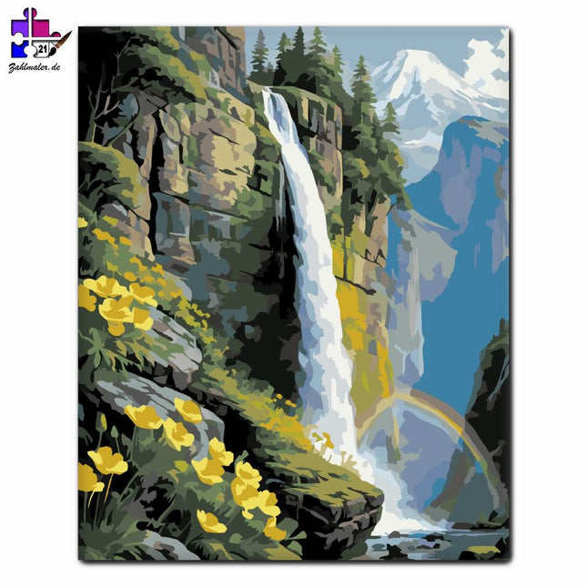 Wasserfall und gelbe Wildblumen | Malen nach Zahlen-Zahlmaler.de