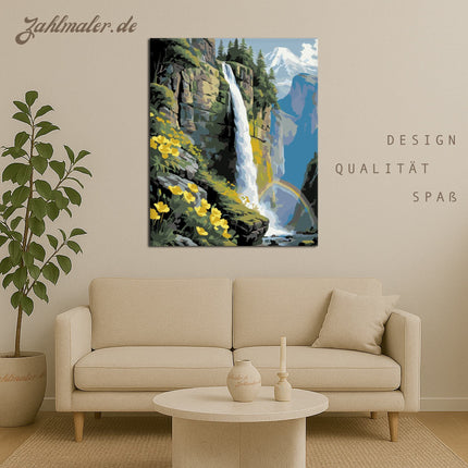 Wasserfall und gelbe Wildblumen | Malen nach Zahlen-Zahlmaler.de
