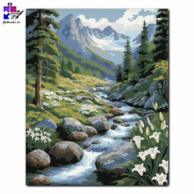 Bergbach und schneebedeckte Gipfel | Malen nach Zahlen-Zahlmaler.de