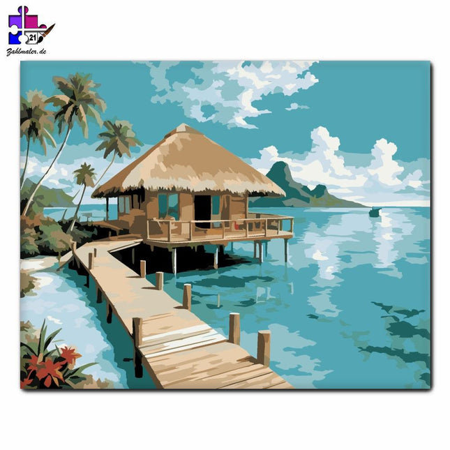 Tropischer Überwasser-Bungalow und Lagune | Malen nach Zahlen-Zahlmaler.de