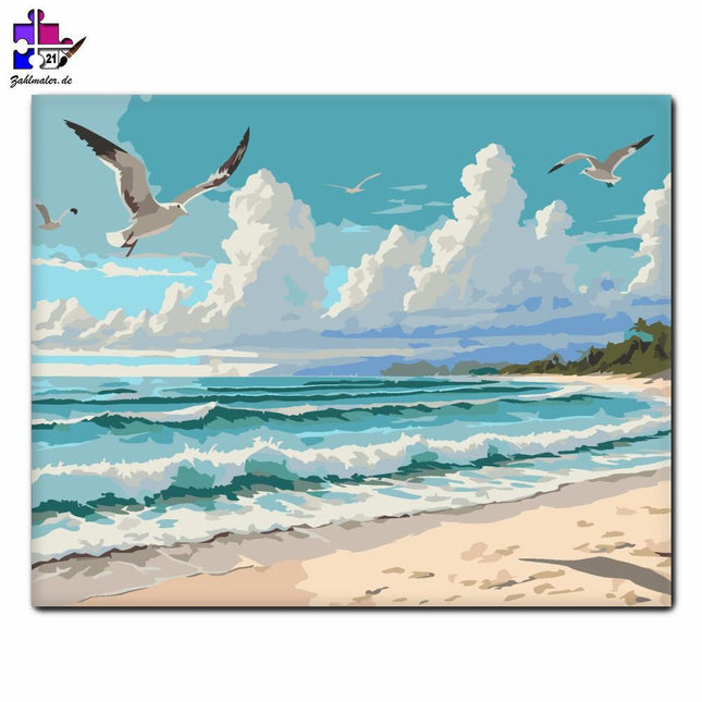 Türkisfarbener Ozean und weiße Sandküste | Malen nach Zahlen-Zahlmaler.de