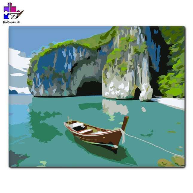 Versteckte Bucht und hölzernes Fischerboot | Malen nach Zahlen-Zahlmaler.de